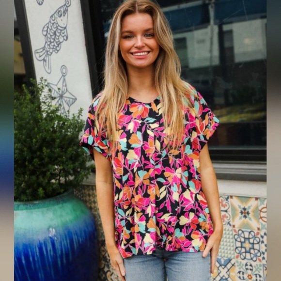 Women Floral V-Neck Top L Boho Vibrant Tropical Flowy Beachy Cruise Resort - Picture 3 of 12